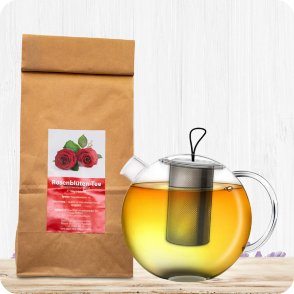 Glas Teekanne 1L mit Metall-Sieb + Rosenblüten Tee - Set