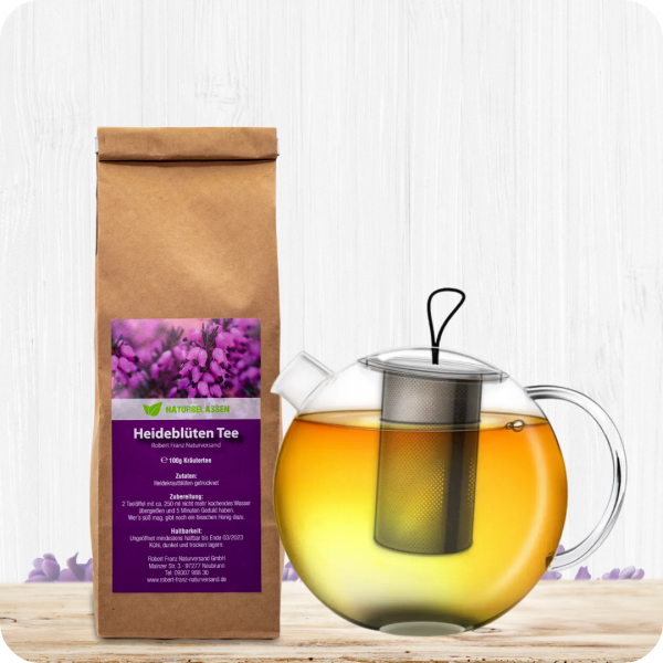 Glas Teekanne 1L mit Metall-Sieb + Heideblüten Tee - Set